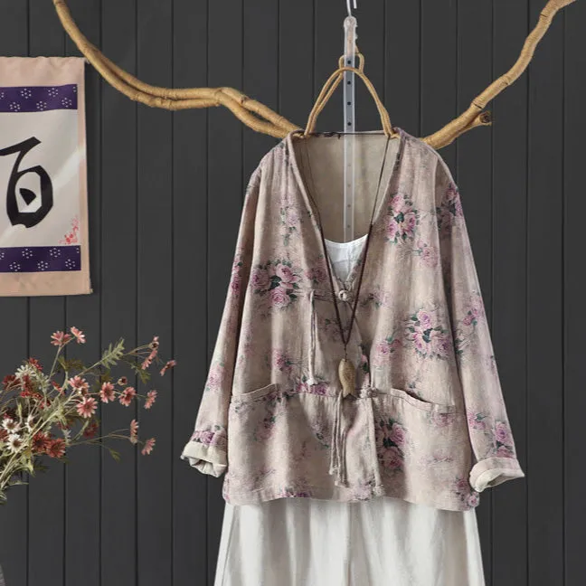 Women Spring Vintage Chinese-Style Cotton Blouse with Floral Print