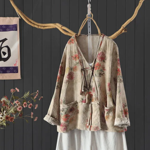 Women Spring Vintage Chinese-Style Cotton Blouse with Floral Print