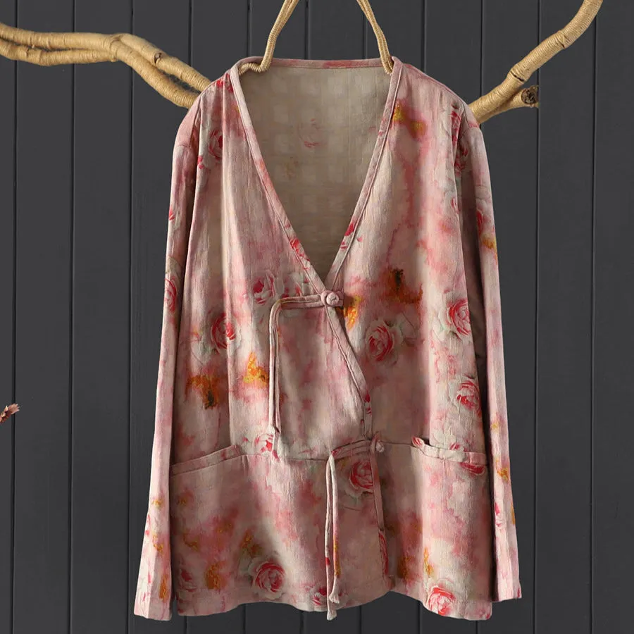 Women Spring Vintage Chinese-Style Cotton Blouse with Floral Print