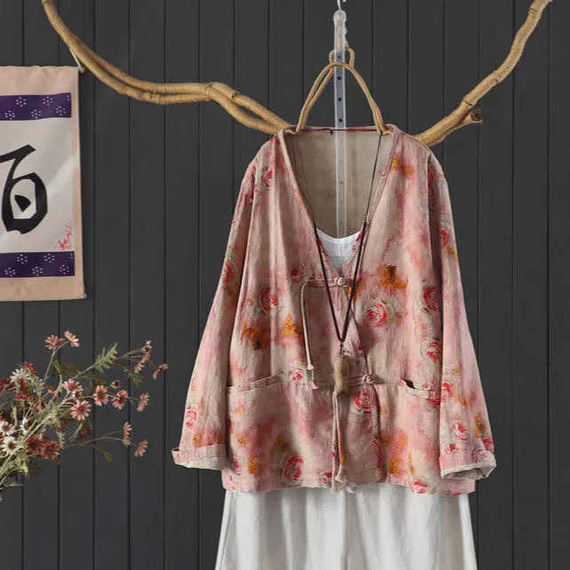 Women Spring Vintage Chinese-Style Cotton Blouse with Floral Print