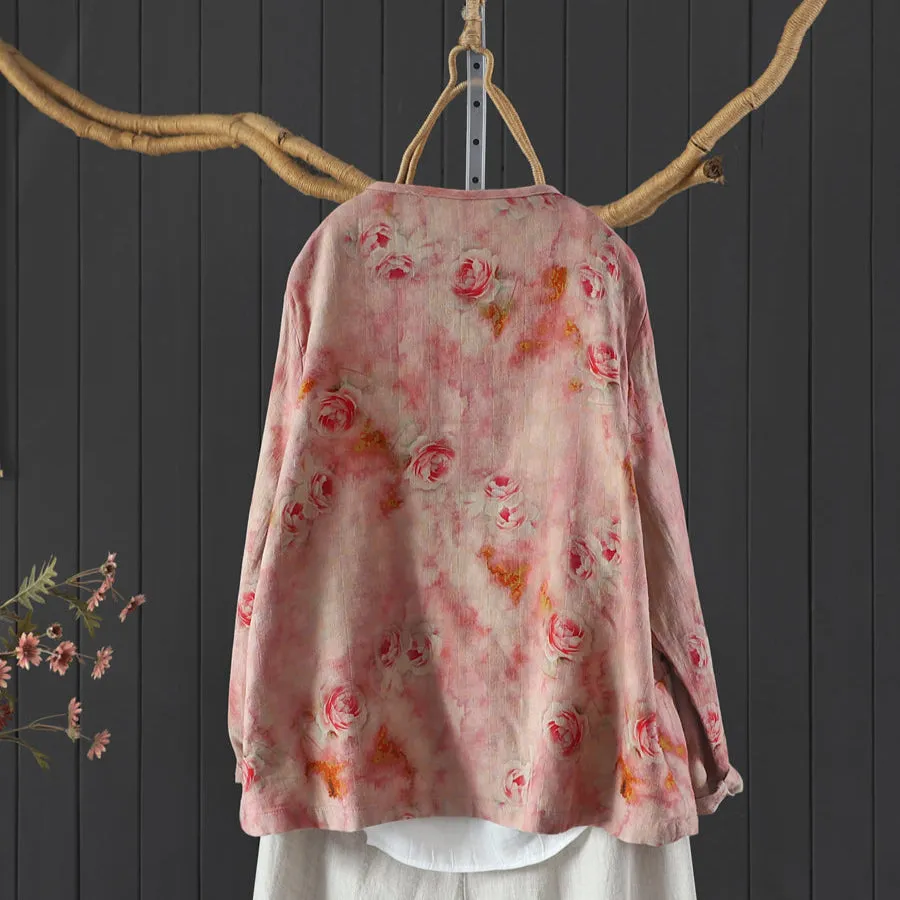 Women Spring Vintage Chinese-Style Cotton Blouse with Floral Print