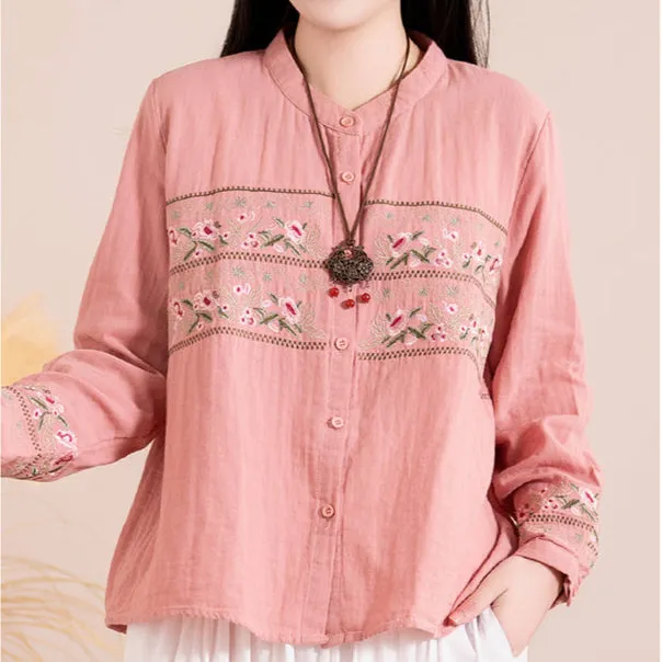 Women Spring Vintage Cotton Casual Embroidered Long Sleeve Shirt