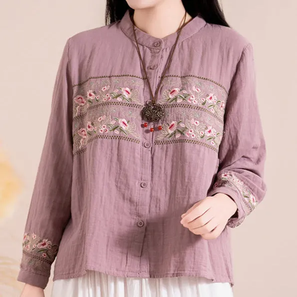 Women Spring Vintage Cotton Casual Embroidered Long Sleeve Shirt