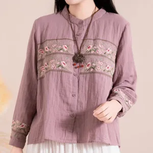 Women Spring Vintage Cotton Casual Embroidered Long Sleeve Shirt