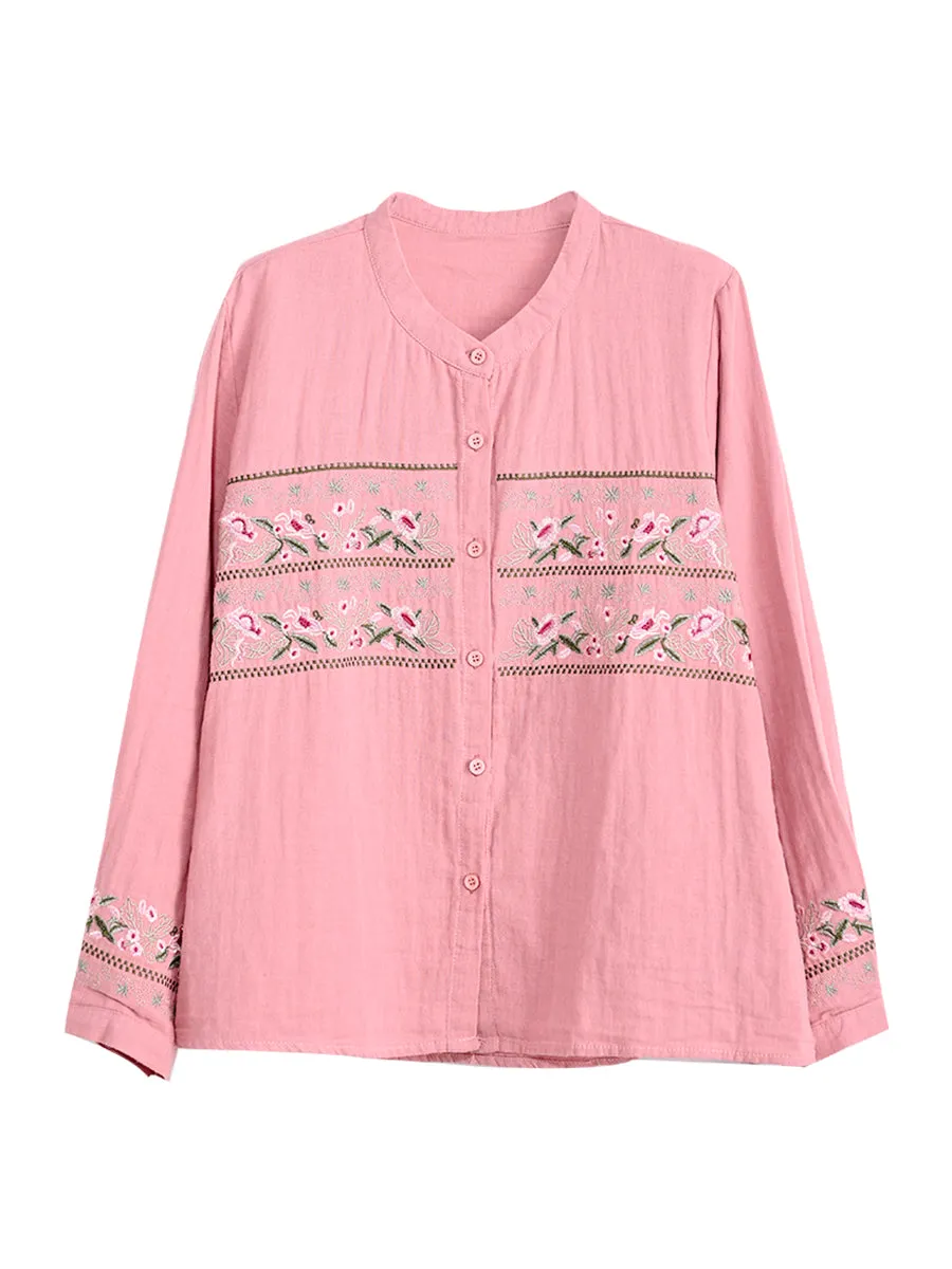 Women Spring Vintage Cotton Casual Embroidered Long Sleeve Shirt