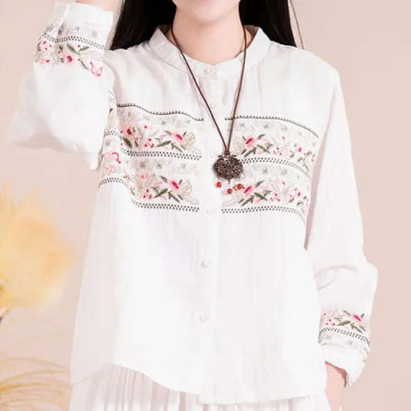 Women Spring Vintage Cotton Casual Embroidered Long Sleeve Shirt