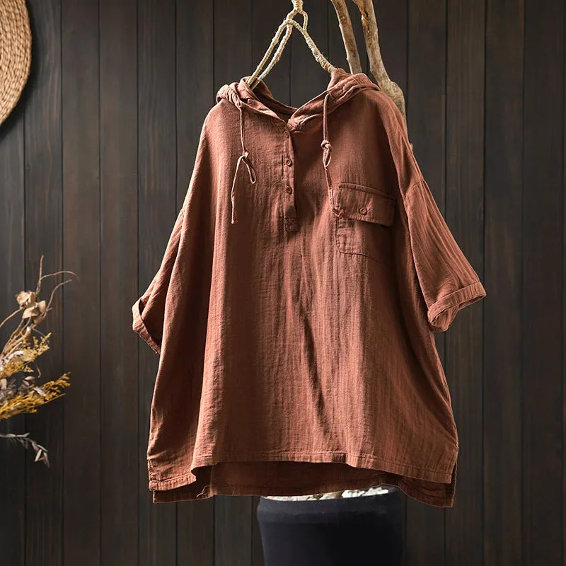 Women Spring Vintage Cotton Hooded Short-Sleeve Pullover Shirt