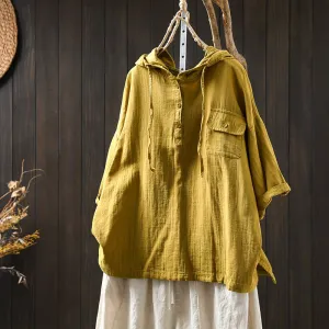 Women Spring Vintage Cotton Hooded Short-Sleeve Pullover Shirt
