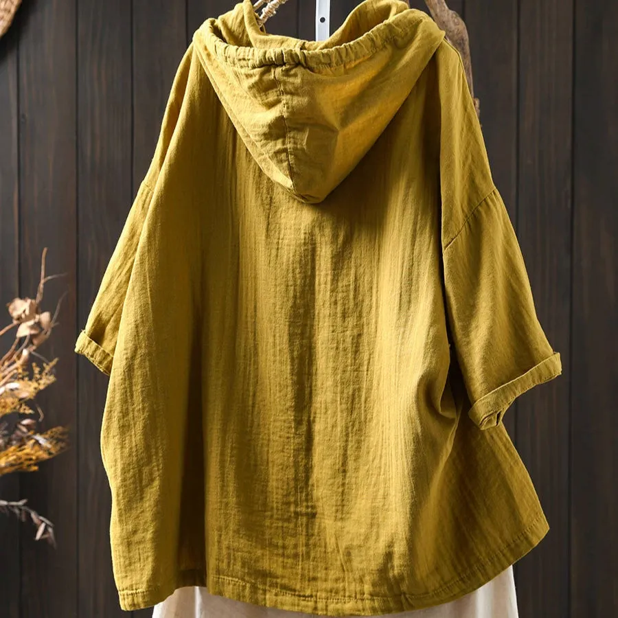 Women Spring Vintage Cotton Hooded Short-Sleeve Pullover Shirt