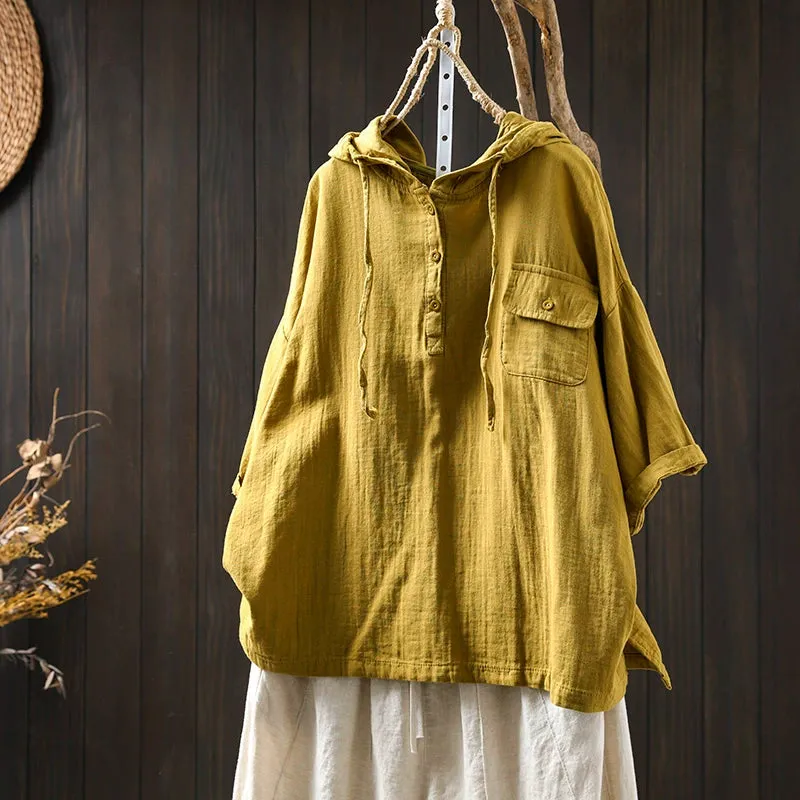Women Spring Vintage Cotton Hooded Short-Sleeve Pullover Shirt