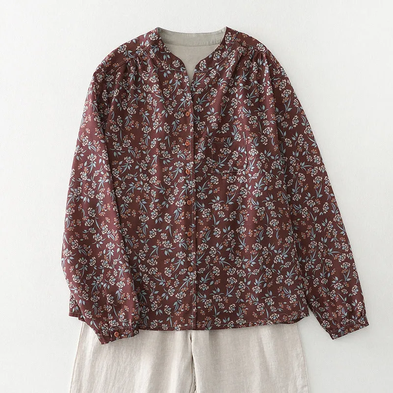 Women Spring Vintage Cotton-Linen Printed Floral Shirt