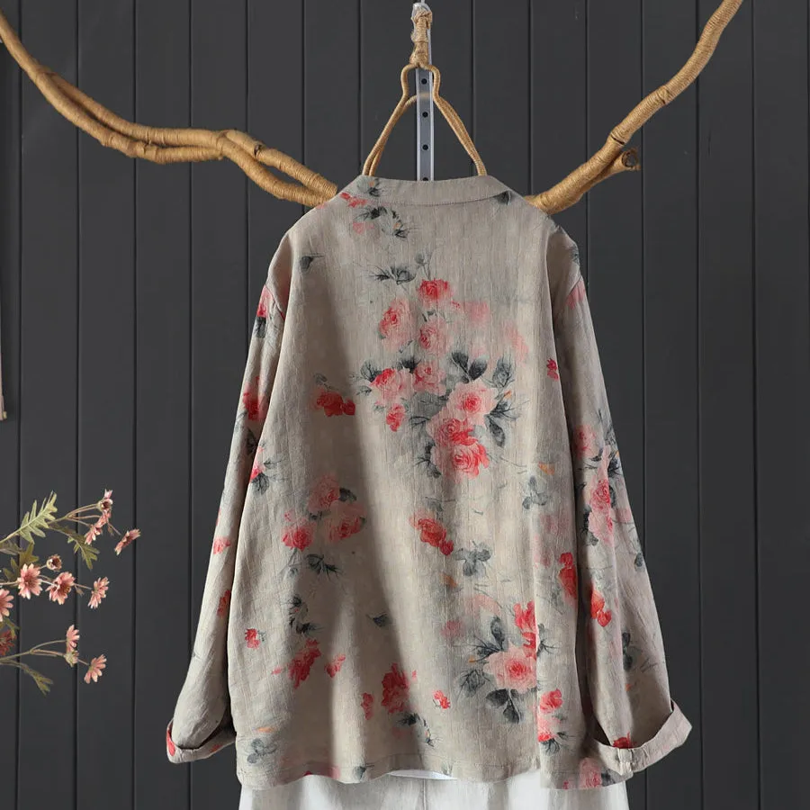 Women Spring Vintage Floral Long Sleeve Cotton Blouse