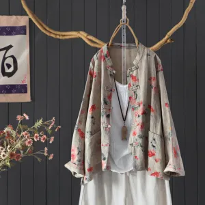 Women Spring Vintage Floral Long Sleeve Cotton Blouse