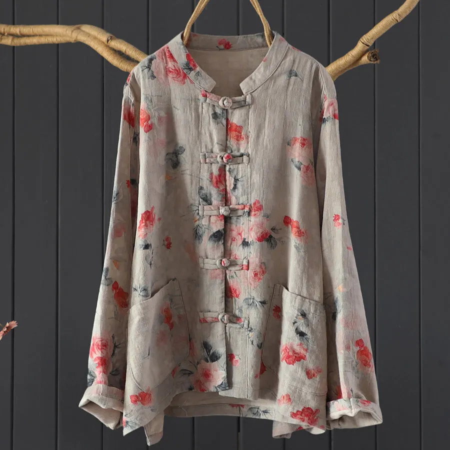 Women Spring Vintage Floral Long Sleeve Cotton Blouse