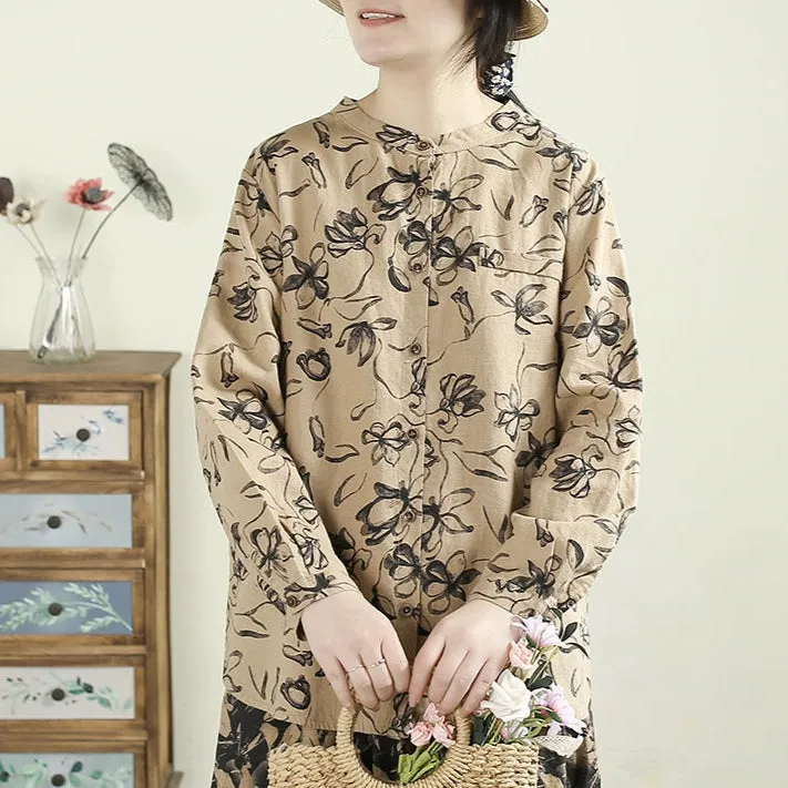 Women Spring Vintage Printed Floral Ramie Blouse