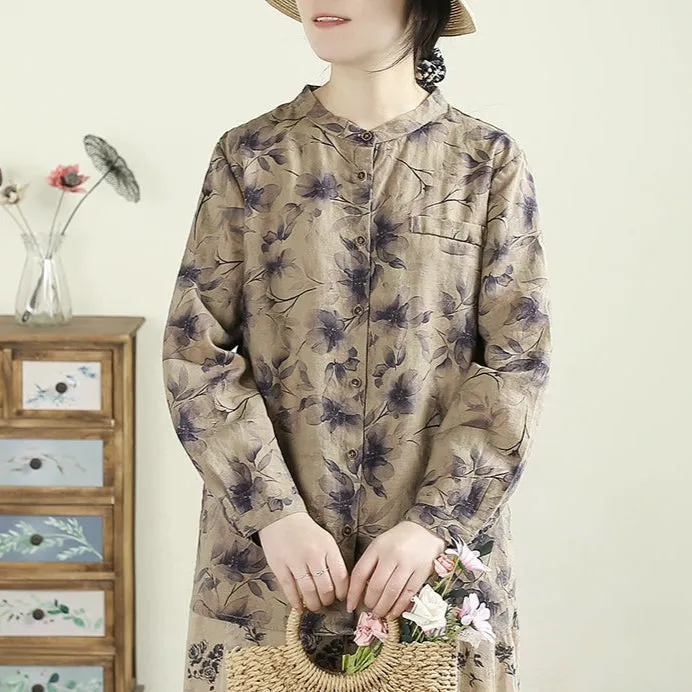 Women Spring Vintage Printed Floral Ramie Blouse