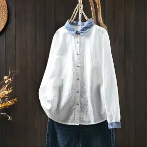 Women Spring Vintage Pure Cotton Solid Color Long Sleeve Blouse