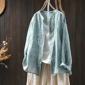 Women Spring Vintage Pure Linen Solid Color Long Sleeve Blouse