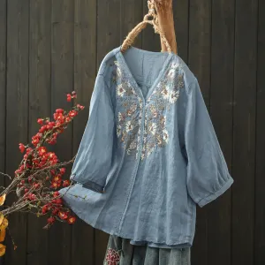 Women Spring Vintage Ramie Embroidered Floral V-Neck Top