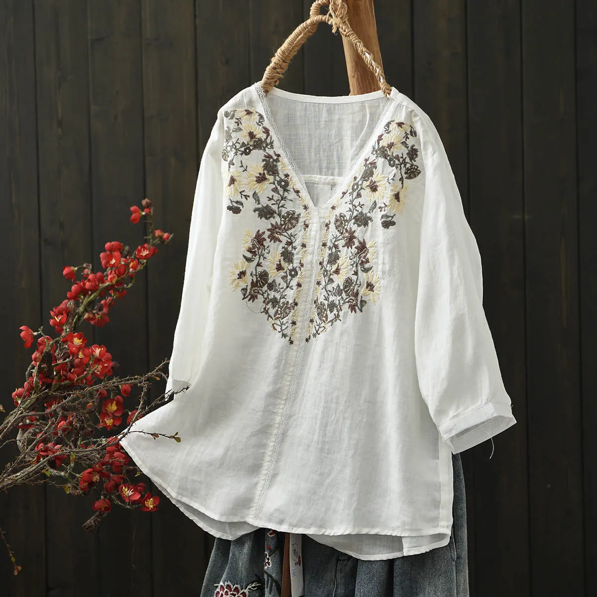 Women Spring Vintage Ramie Embroidered Floral V-Neck Top