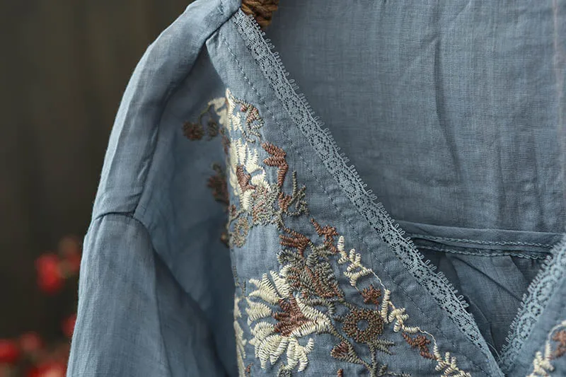 Women Spring Vintage Ramie Embroidered Floral V-Neck Top