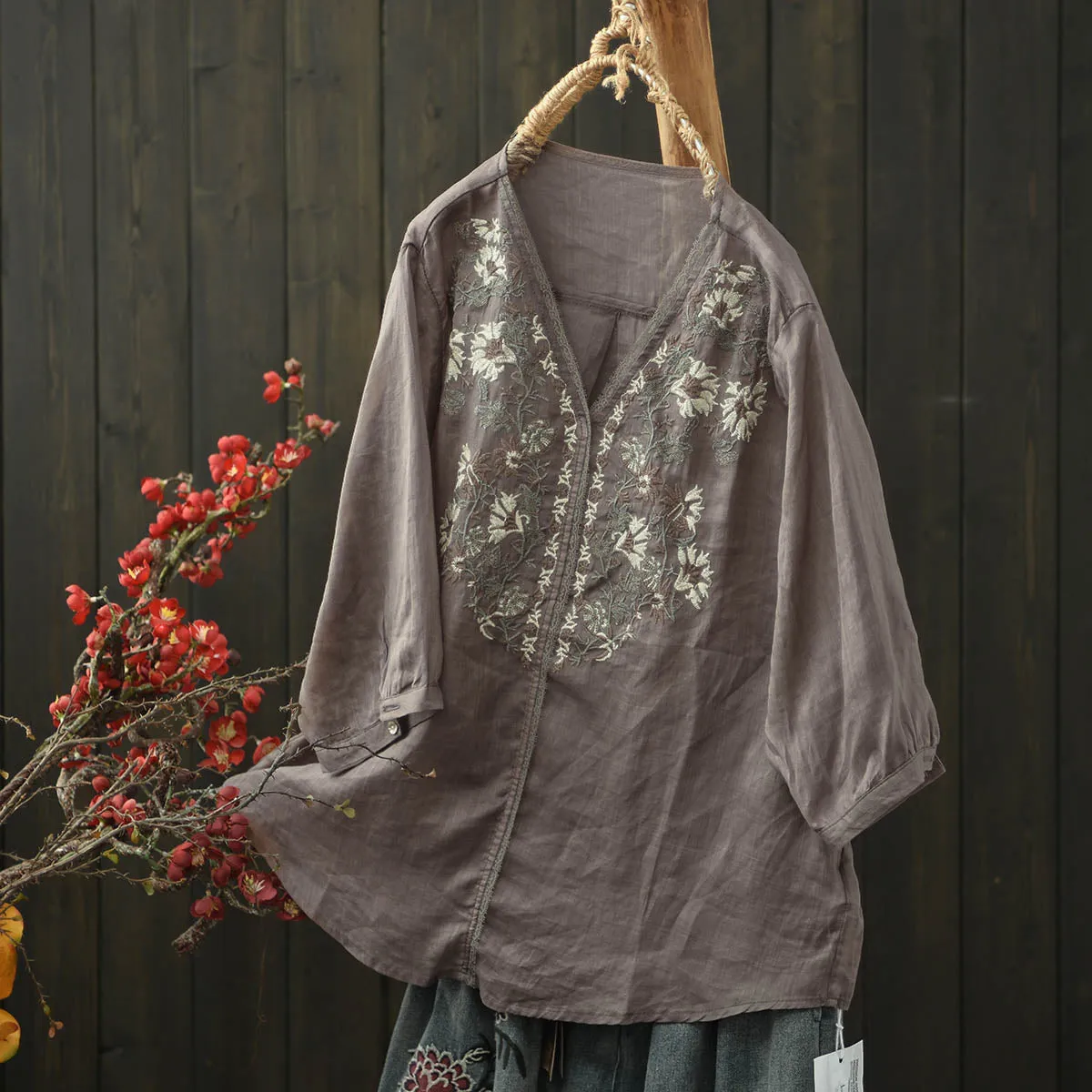 Women Spring Vintage Ramie Embroidered Floral V-Neck Top