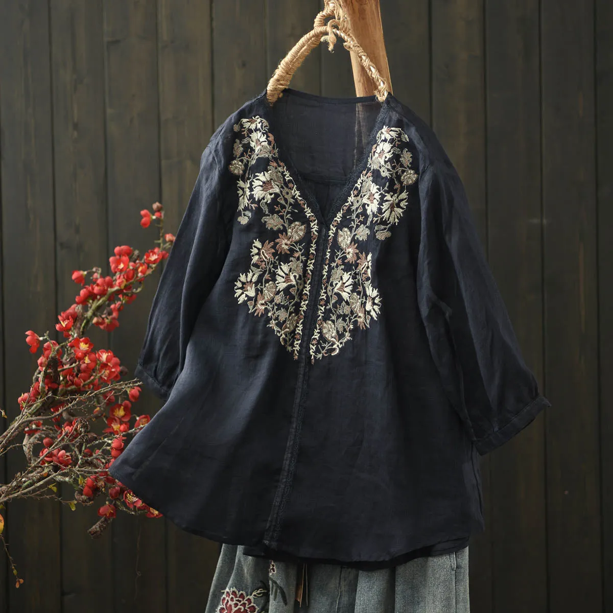 Women Spring Vintage Ramie Embroidered Floral V-Neck Top