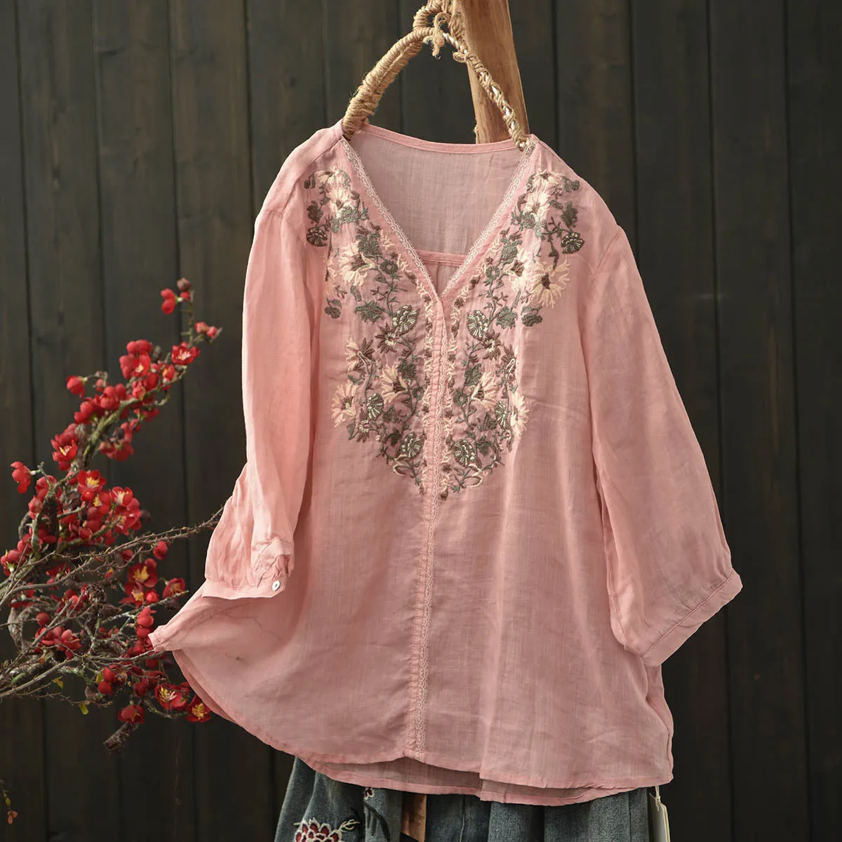 Women Spring Vintage Ramie Embroidered Floral V-Neck Top