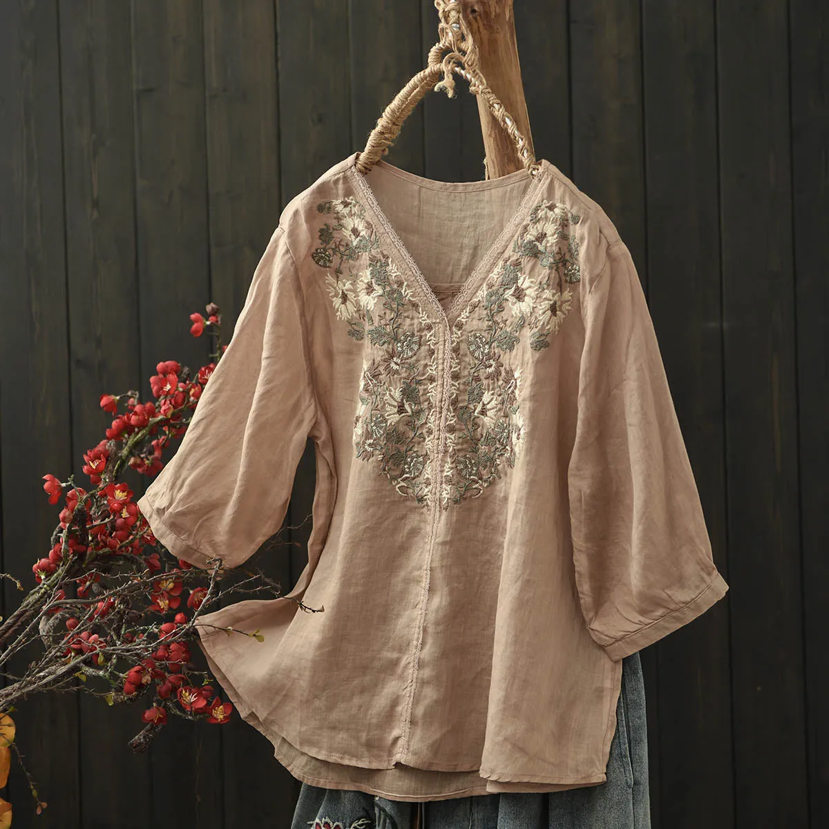 Women Spring Vintage Ramie Embroidered Floral V-Neck Top