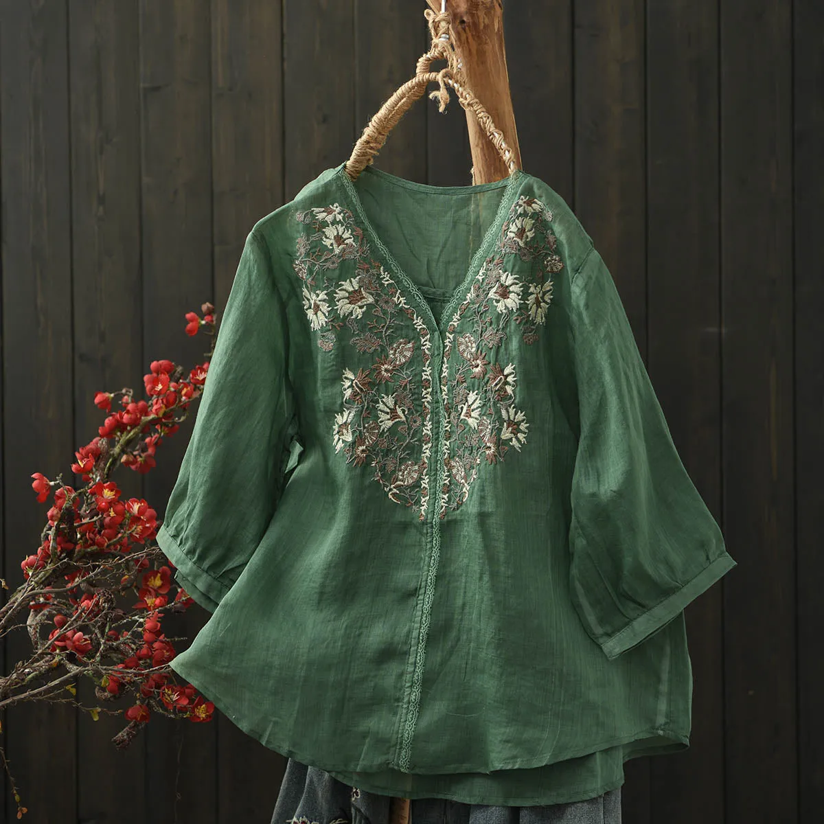Women Spring Vintage Ramie Embroidered Floral V-Neck Top