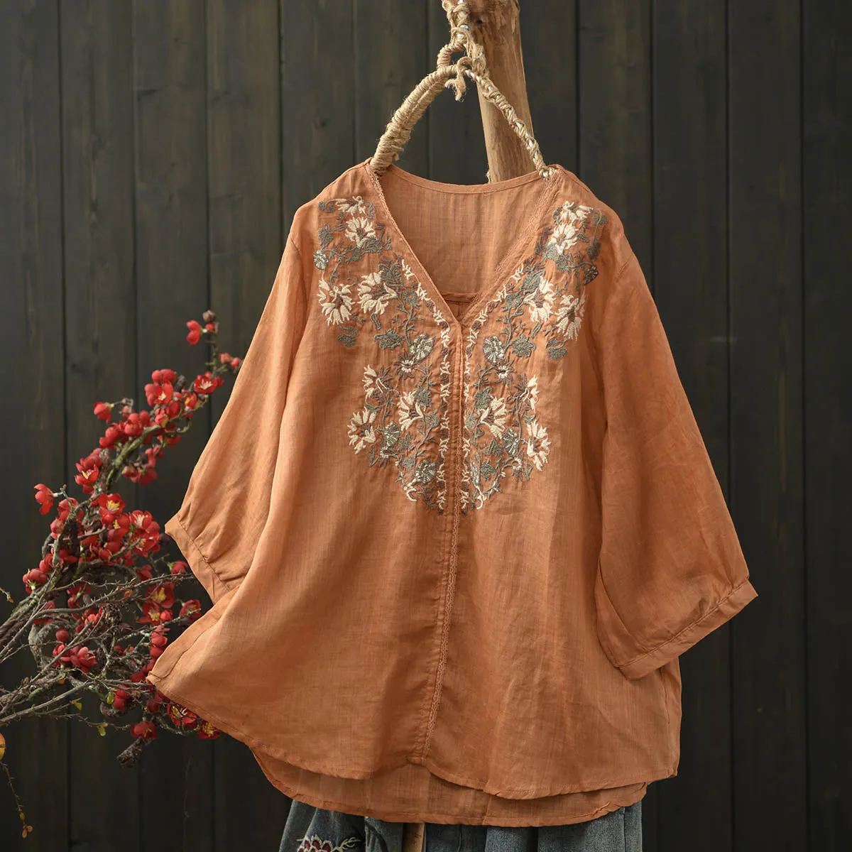 Women Spring Vintage Ramie Embroidered Floral V-Neck Top