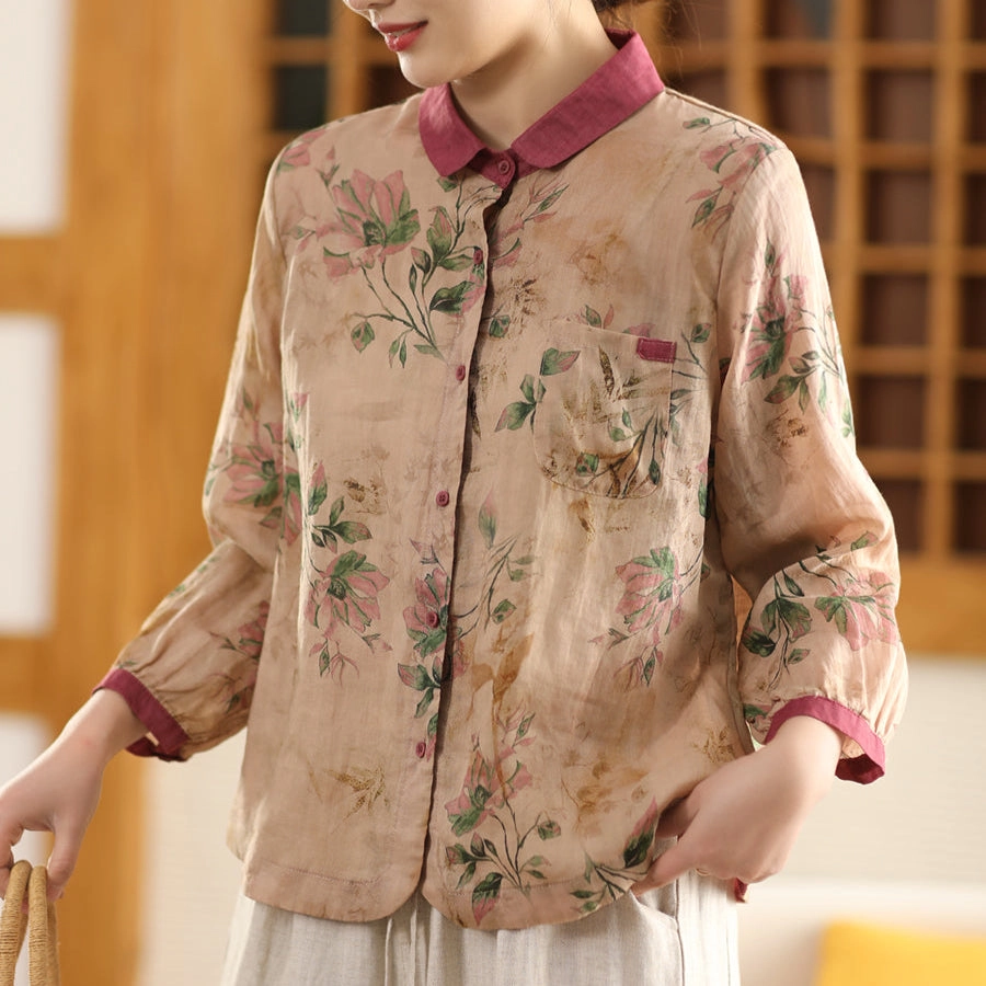 Women Spring Vintage Ramie Printed Floral Blouse