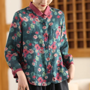 Women Spring Vintage Ramie Printed Floral Blouse