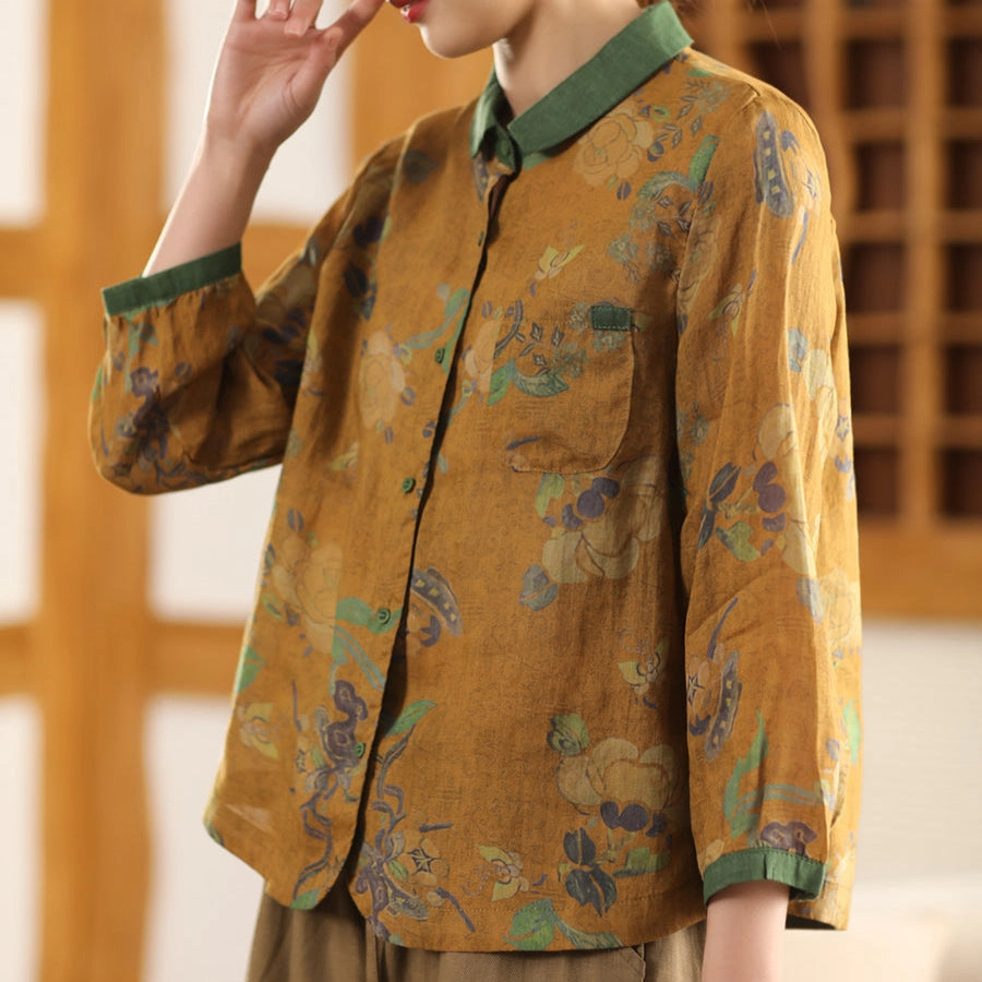 Women Spring Vintage Ramie Printed Floral Blouse