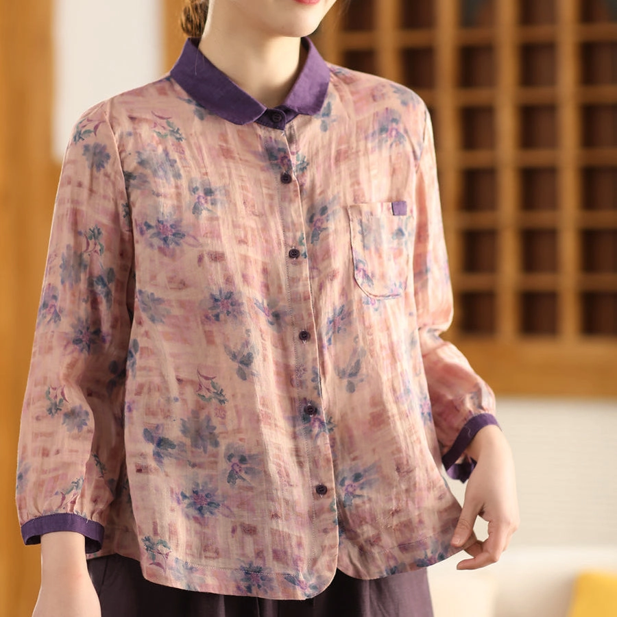 Women Spring Vintage Ramie Printed Floral Blouse