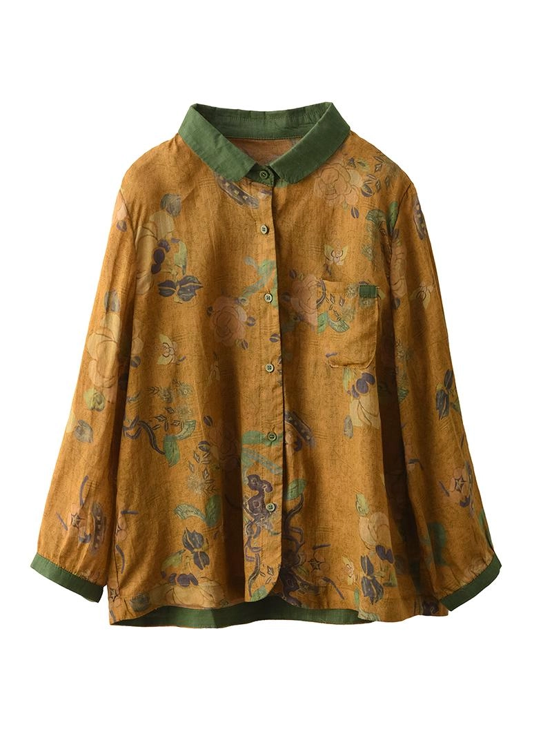 Women Spring Vintage Ramie Printed Floral Blouse
