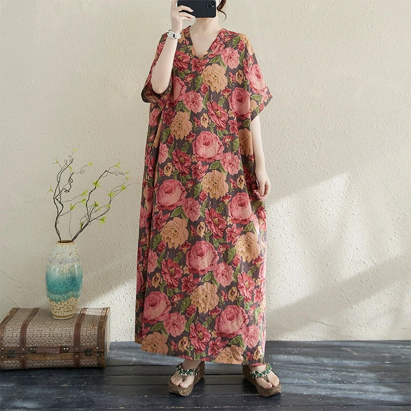 Women Summer Ethnic Cotton-Linen Printed Floral Long Dress