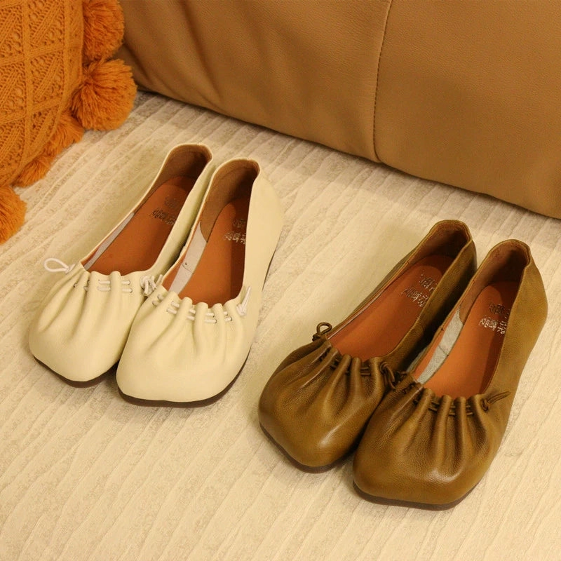 Women Summer Genuine Leather Square Toe Shallow Slip-Ons Flats