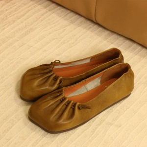 Women Summer Genuine Leather Square Toe Shallow Slip-Ons Flats