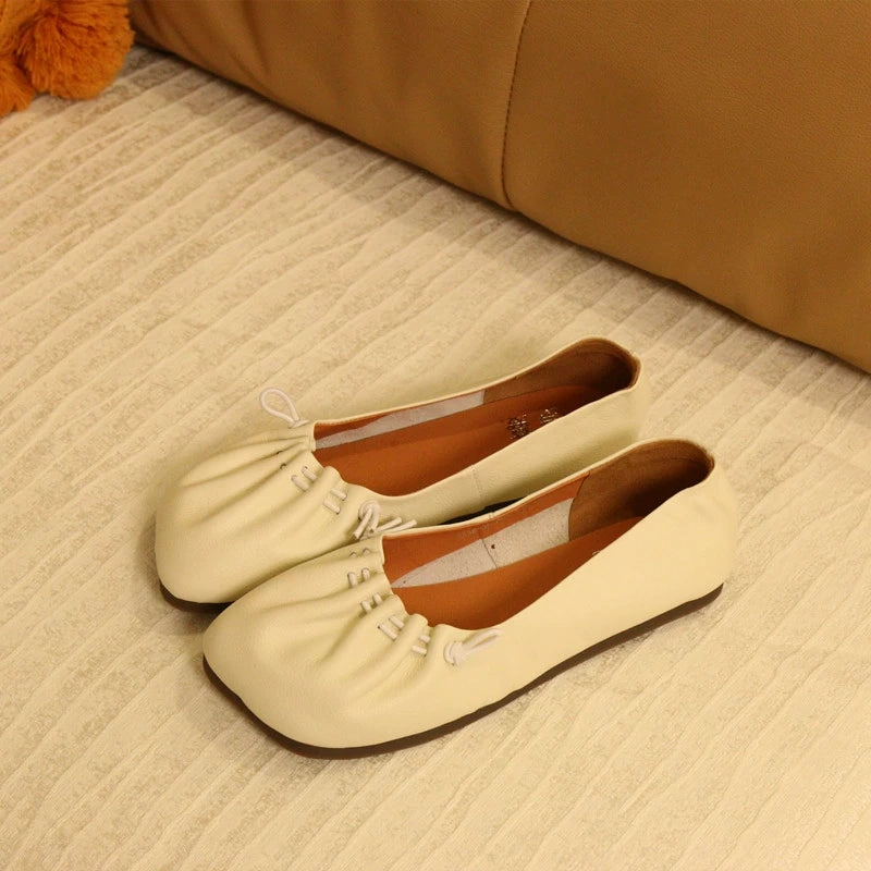 Women Summer Genuine Leather Square Toe Shallow Slip-Ons Flats
