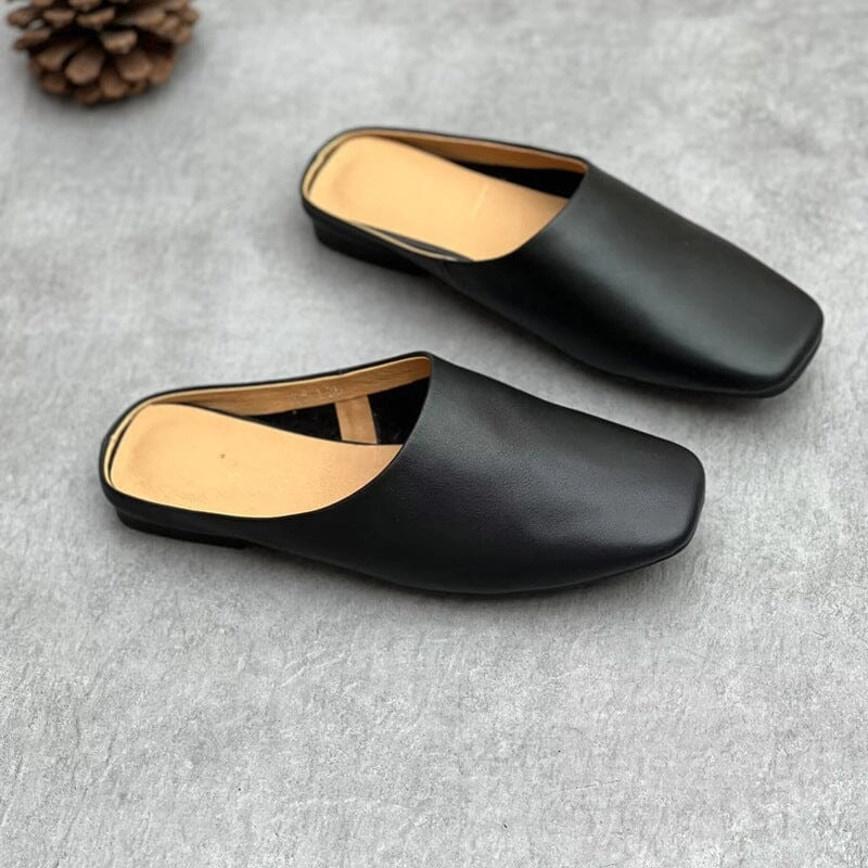 Women Summer Retro Solid Leather Mule Slippers