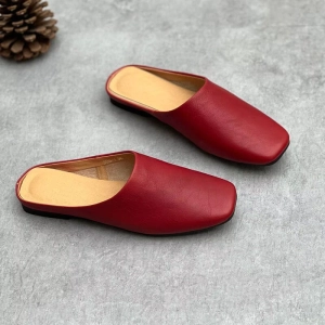 Women Summer Retro Solid Leather Mule Slippers