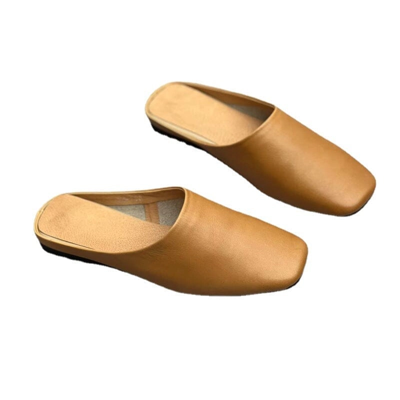Women Summer Retro Solid Leather Mule Slippers