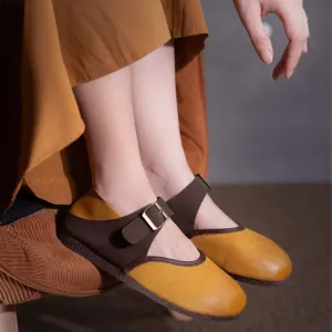 Women Summer Vintage Style Color-Block Breathable Leather Flats