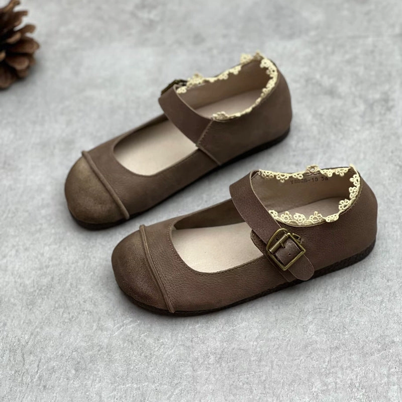 Women Vintage Buckled Lace Spliced Leather Mary Jane Flats