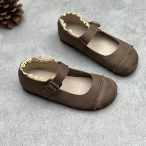 Women Vintage Buckled Lace Spliced Leather Mary Jane Flats