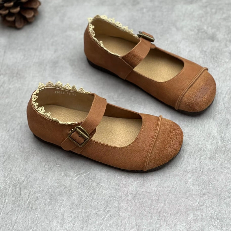 Women Vintage Buckled Lace Spliced Leather Mary Jane Flats