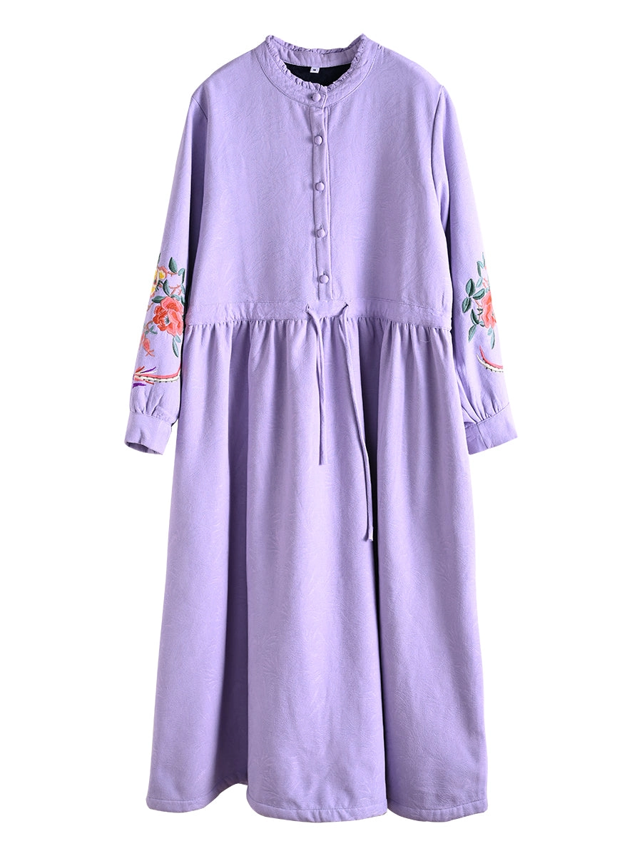 Women Winter Floral Embroidered Fleece-Lined Midi Dress