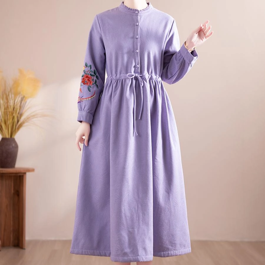 Women Winter Floral Embroidered Fleece-Lined Midi Dress