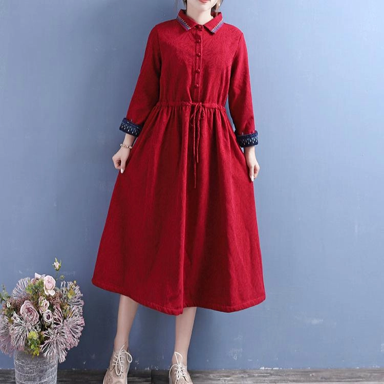 Women Winter Vintage Cotton Linen Embroidered Floral Fleece-Lined Dress